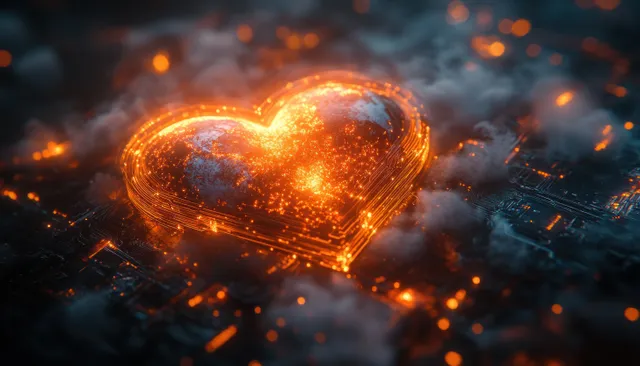 A glowing orange heart formed from particles hovers above a dark circuit board.