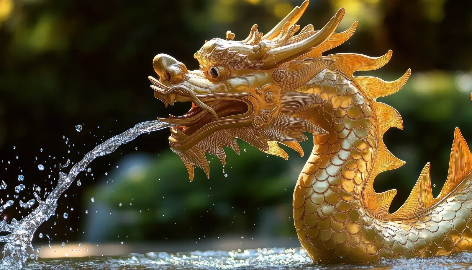 Golden dragon statue fountain spouting water from its mouth with detailed scales and ornate carvings.