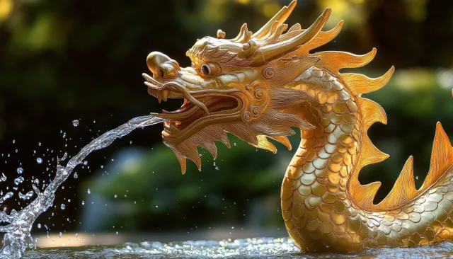 Golden dragon statue fountain spouting water from its mouth with detailed scales and ornate carvings.