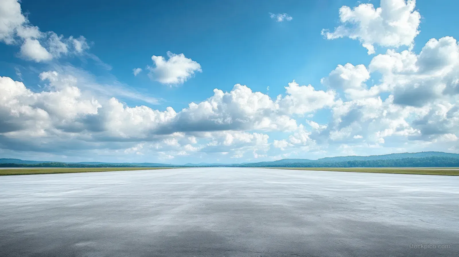 Empty asphalt runway receding into a blue sky with fluffy white clouds and distant green hills.