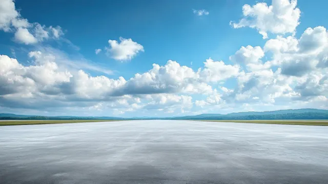 Empty runway stretching into blue sky with fluffy clouds over distant hills