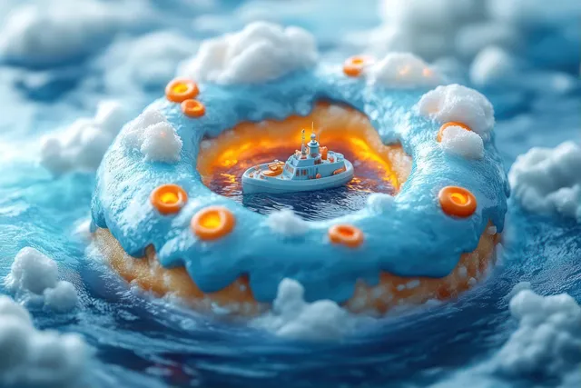 Miniature blue ship floats in a glowing ring on stormy ocean waves