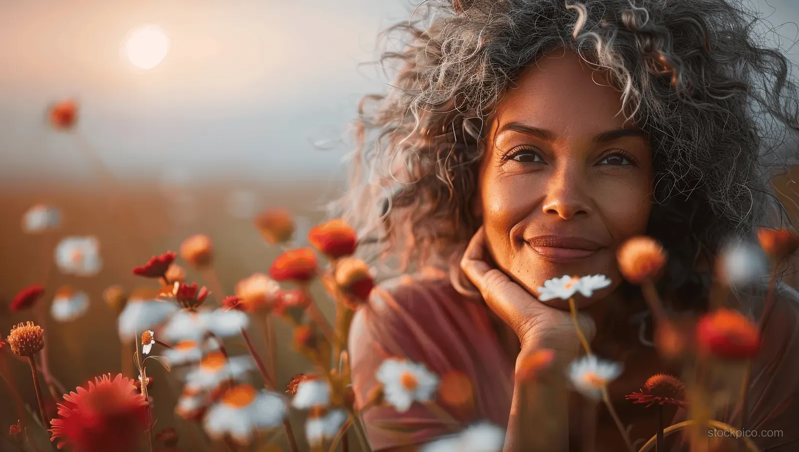 Senior African American woman smiling with healthy skin and white teeth among red and white flowers indoors.
