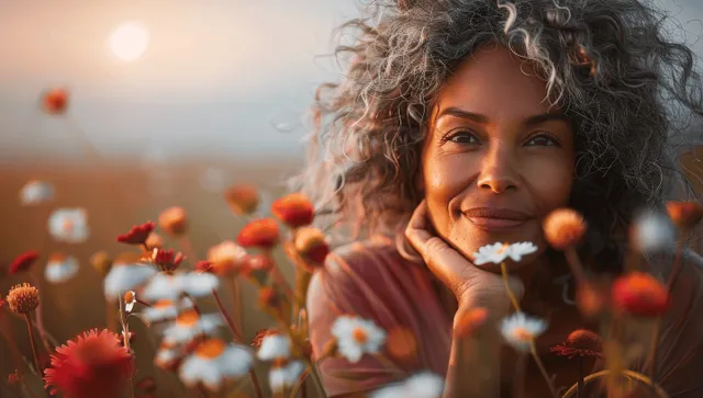 Senior African American woman smiling with healthy skin and white teeth among red and white flowers indoors.