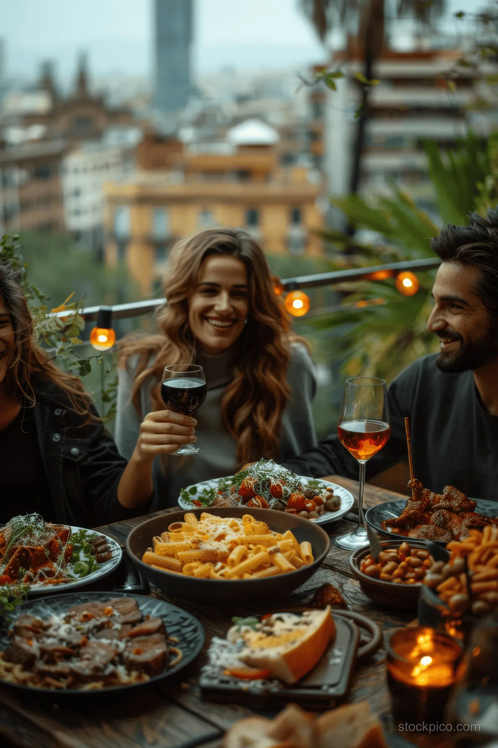 Friends toast with wine at a rooftop dinner table while enjoying grilled plates and glowing lights.