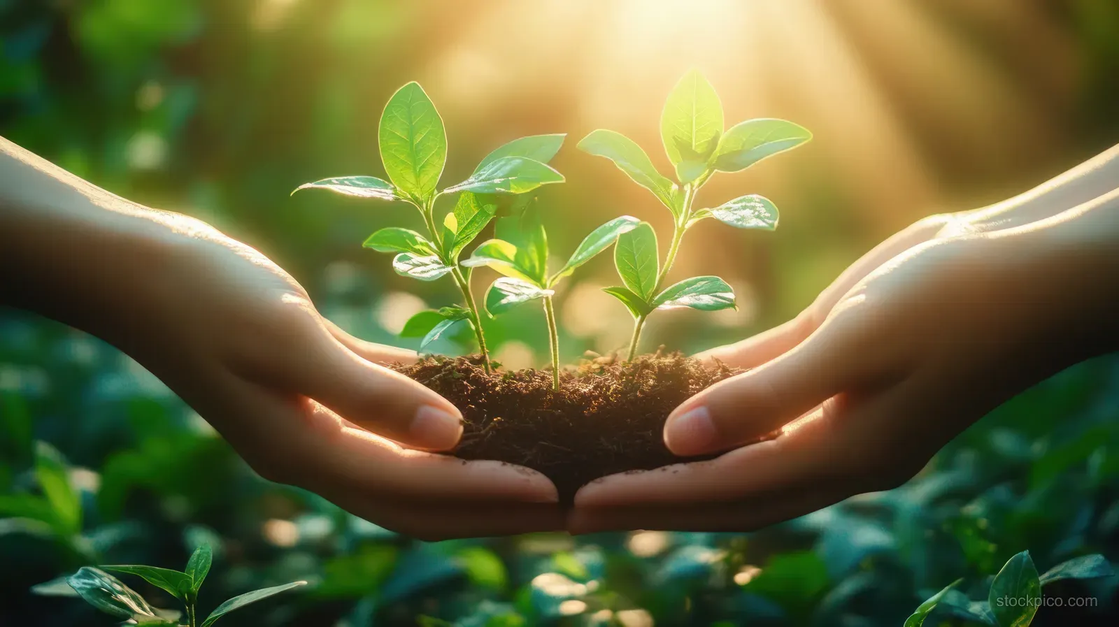 Two hands cradle young green seedlings in sunlit soil with blurred greenery in the background.