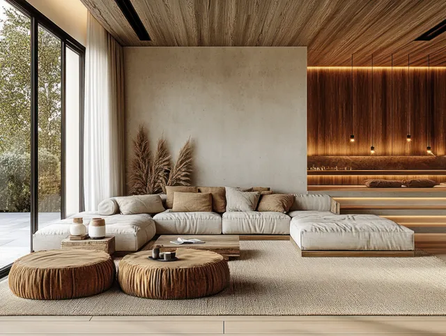 Beige sectional sofa and round poufs sit in a warm wooden living room beside pampas grass and large windows.