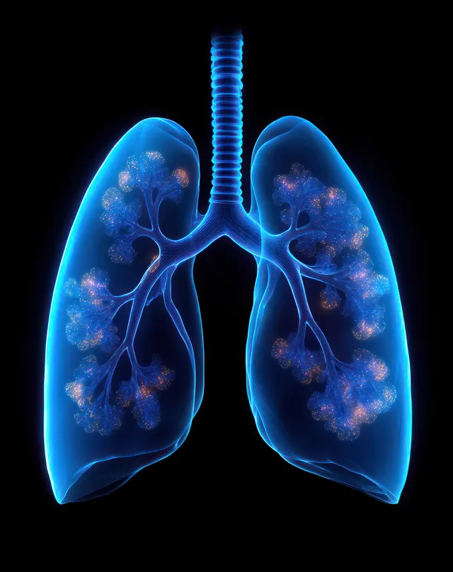 Glowing blue lungs illustration with detailed bronchi branches, alveoli clusters, and bright airflow points on a dark background.