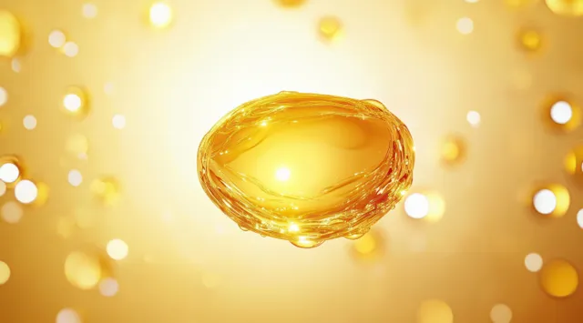 A glowing golden droplet hovers over a warm soft-focus bokeh background.