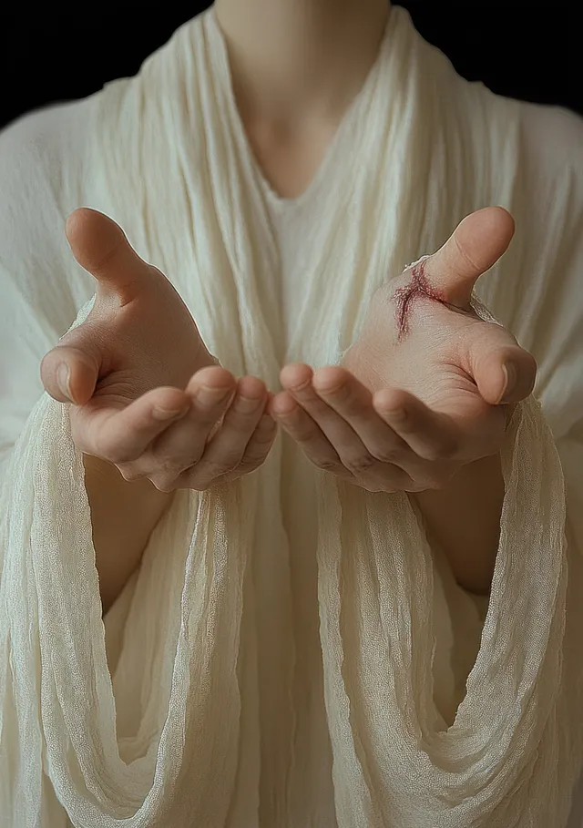 Open human palms extended forward, one palm showing a small wound wrapped with white cloth.
