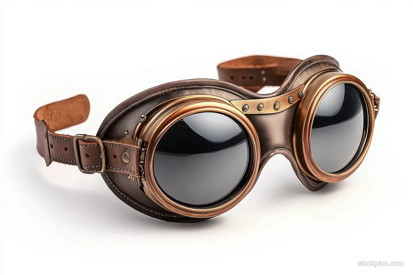 Vintage brown leather aviator goggles with round dark lenses and brass trim isolated on a white background.
