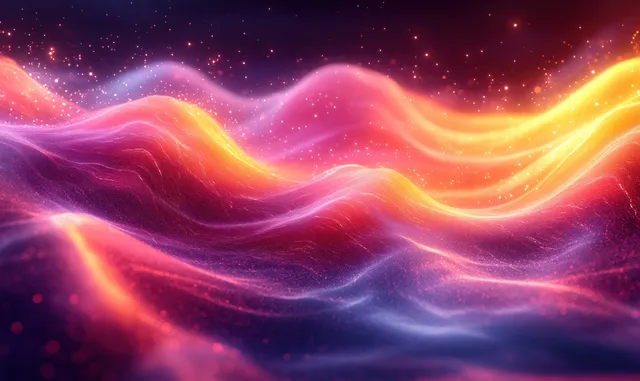 Neon wave light trails in magenta and yellow flow across a dark starry background.