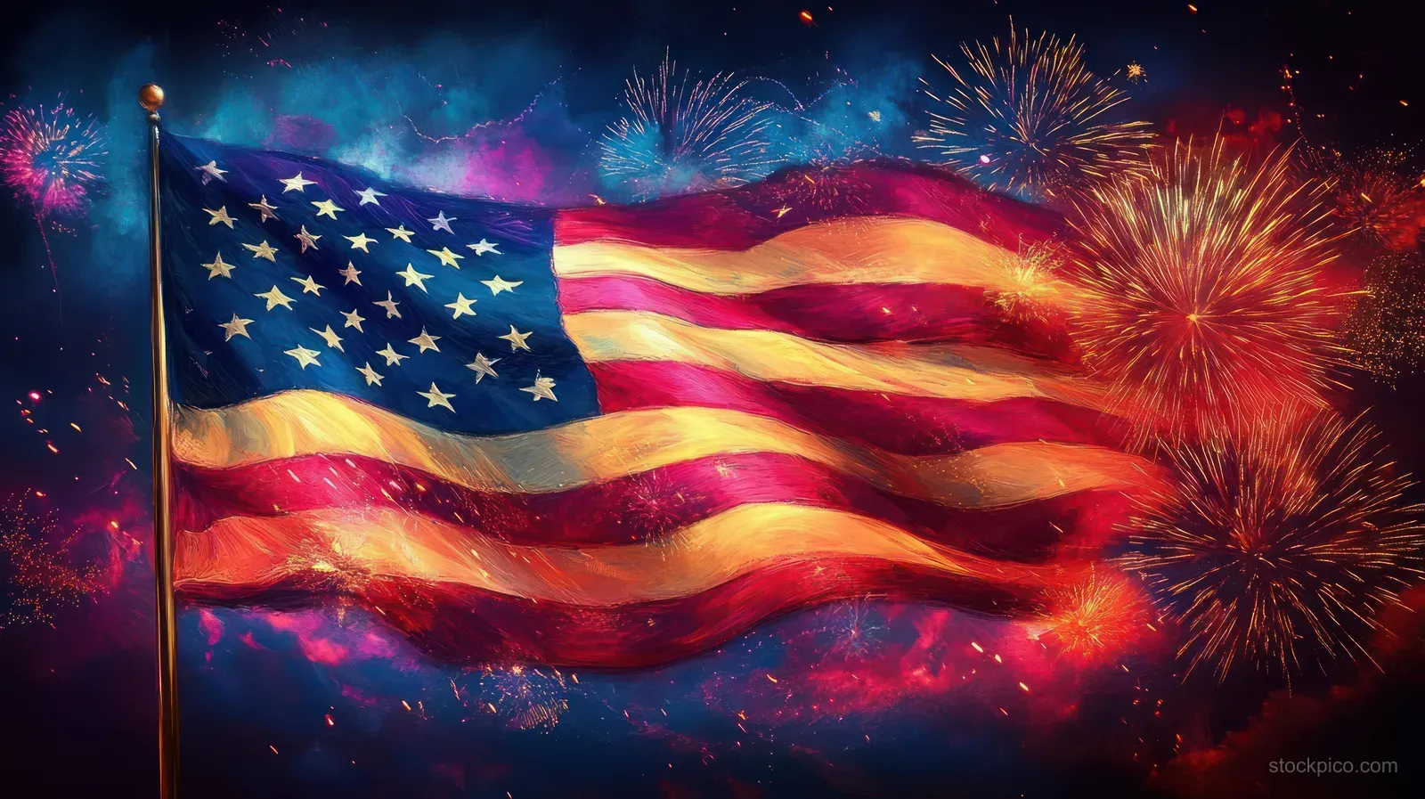 American flag waving with colorful fireworks exploding behind it against a blue night sky.