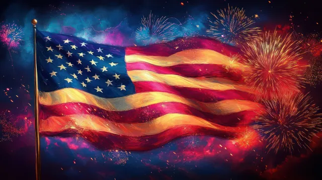 American flag waving with fireworks bursting in a colorful July night sky backdrop