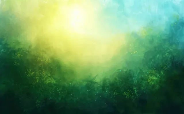 Soft sunlight washes over lush green foliage, glowing behind haze and bright blue sky