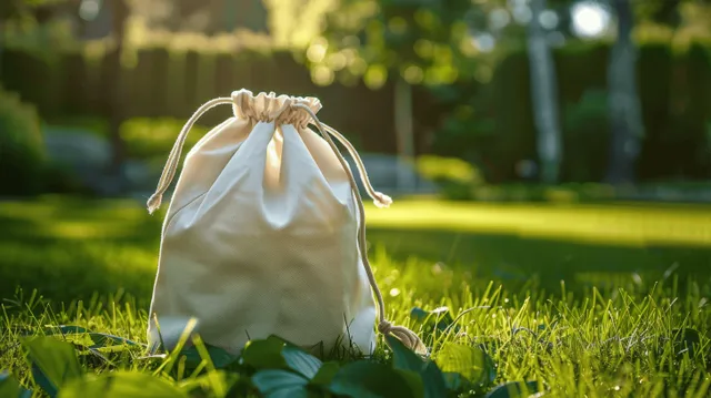 A white drawstring bag sits on green grass in a sunny garden.