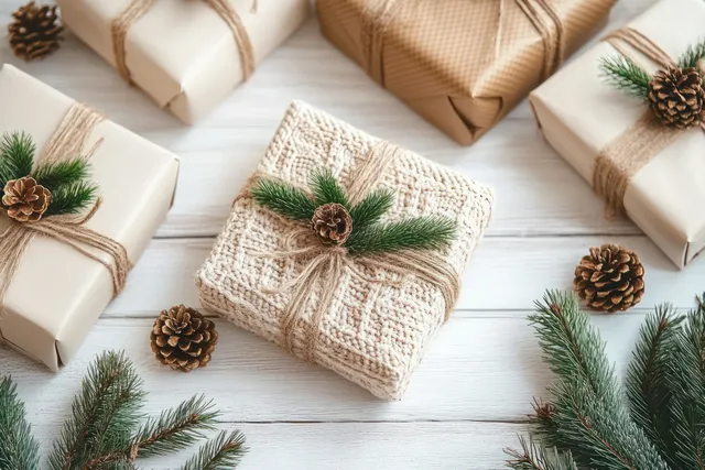 Wrapped Christmas gifts are arranged on a rustic table with pine branches, fir cones, and knitted cloth accents.