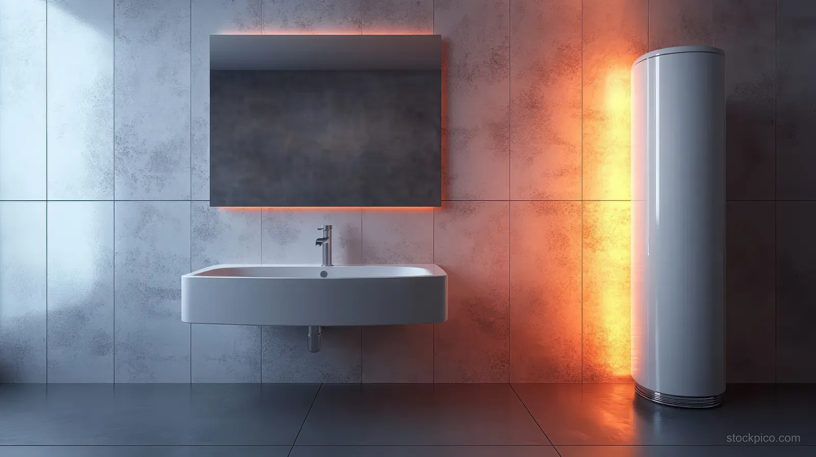 Wall-mounted washbasin with faucet beside a cylindrical water heater glowing with warm light in a minimalist bathroom.