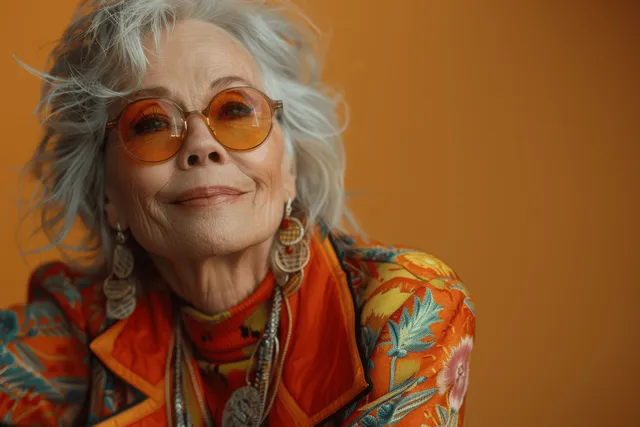 Elderly woman in orange outfit and round sunglasses laughing against warm studio backdrop