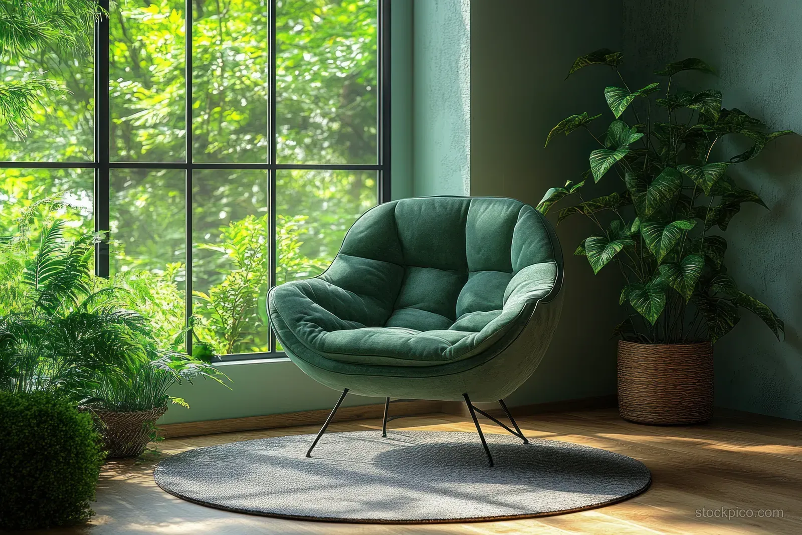 Green velvet lounge chair on a light rug beside a large window with indoor plants and soft sunlight.