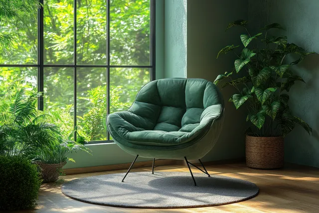 Green velvet lounge chair on a light rug beside a large window with indoor plants and soft sunlight.