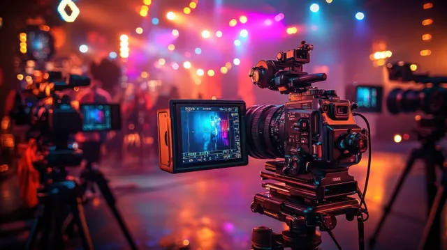 Professional video camera on tripod in colorful studio lighting