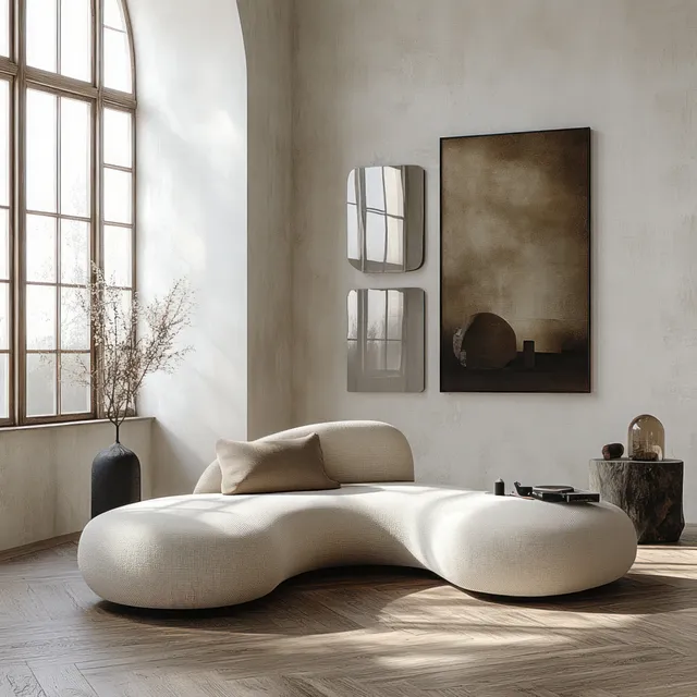 Minimal white living room with beige sofa, tall windows, and soft morning light