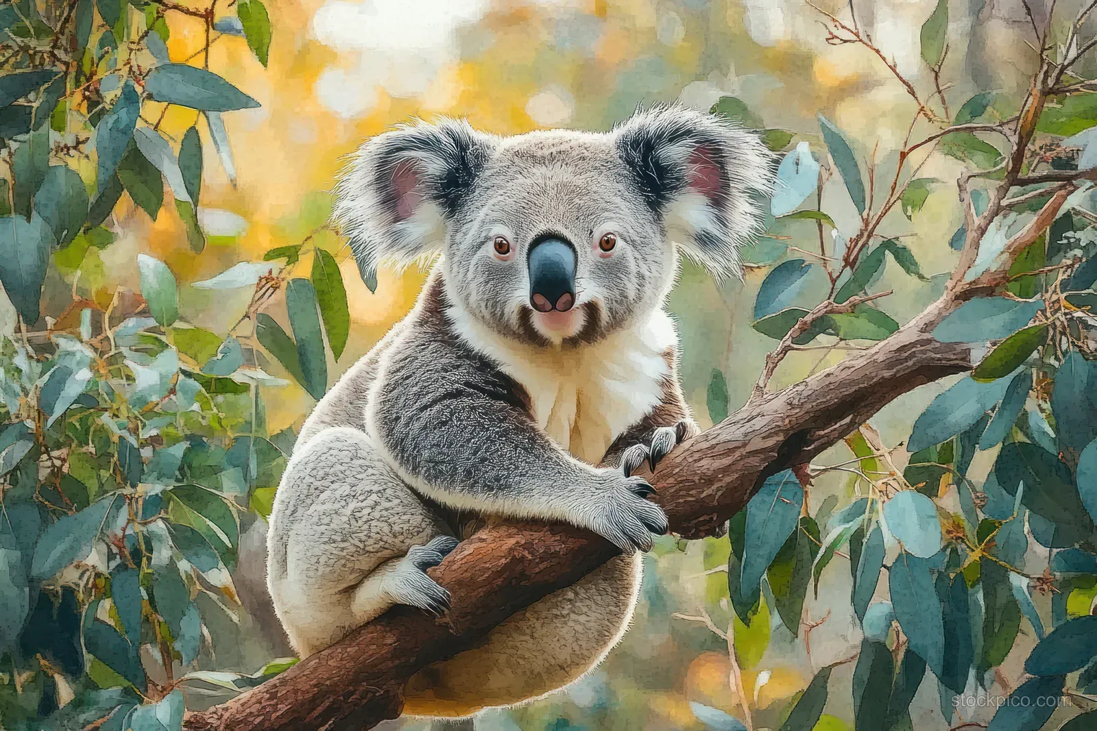 Watercolor koala perched on a eucalyptus branch among lush leaves in warm light.