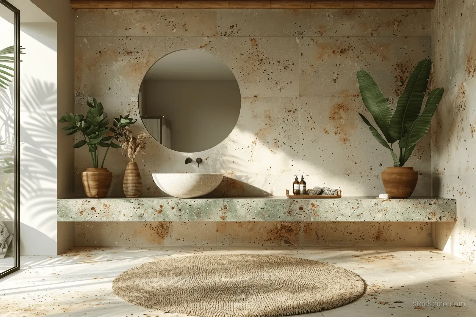 Minimalist bathroom with round mirror above stone sink, textured stone tile wall, potted plants, and warm sunlight.
