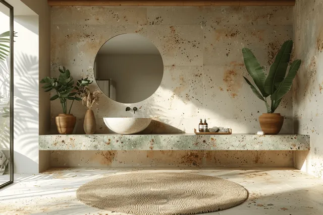 Minimalist bathroom with round mirror above stone sink, textured stone tile wall, potted plants, and warm sunlight.