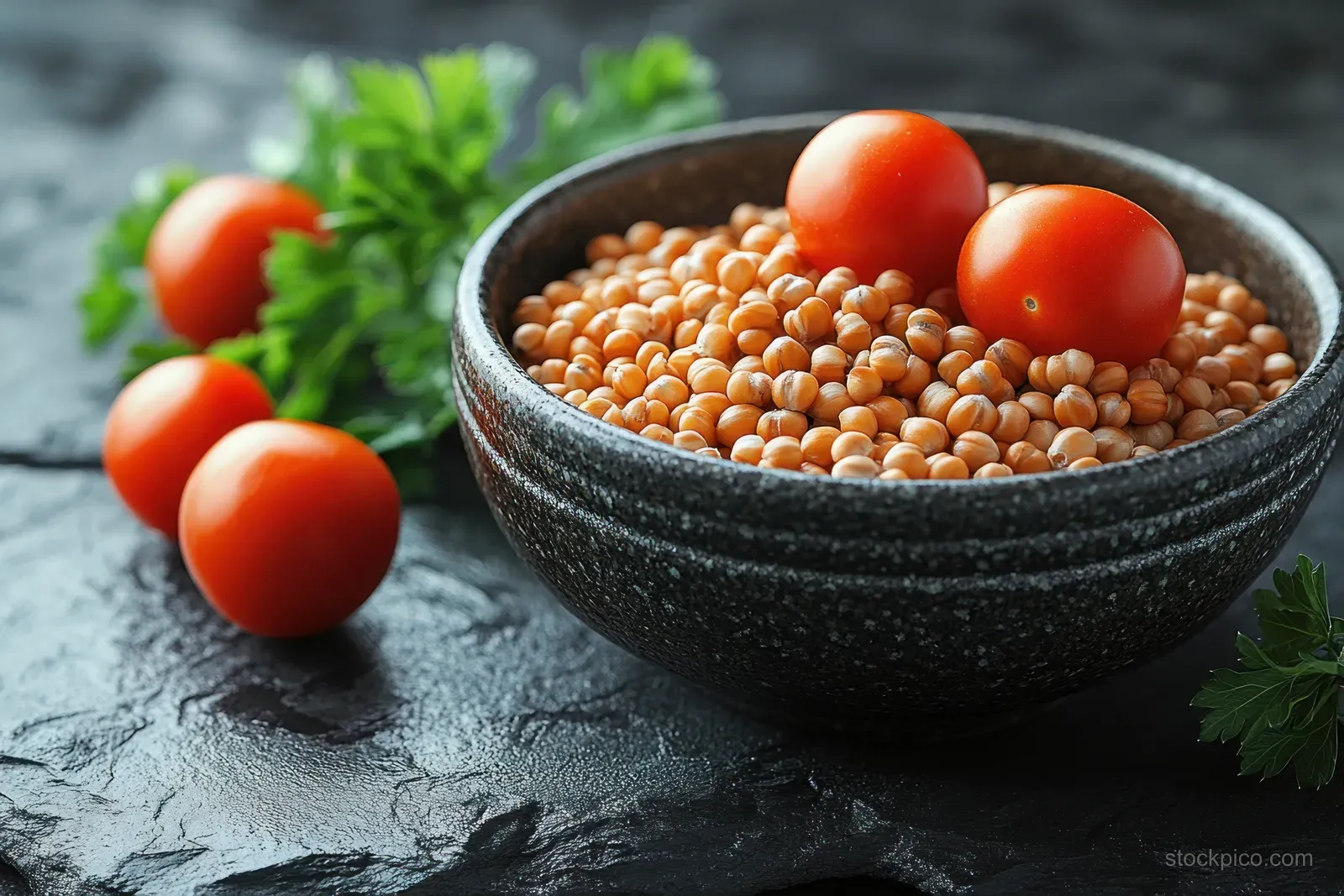 Buckwheat grains in a dark bowl with cherry tomatoes and parsley on a textured stone surface.