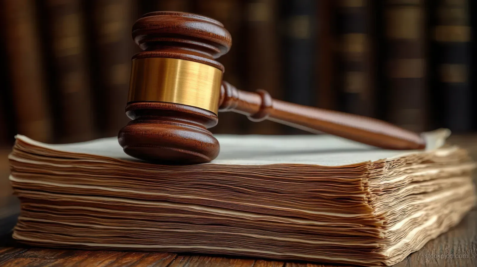 A wooden judge gavel rests on stacked legal documents beside blurred law books.