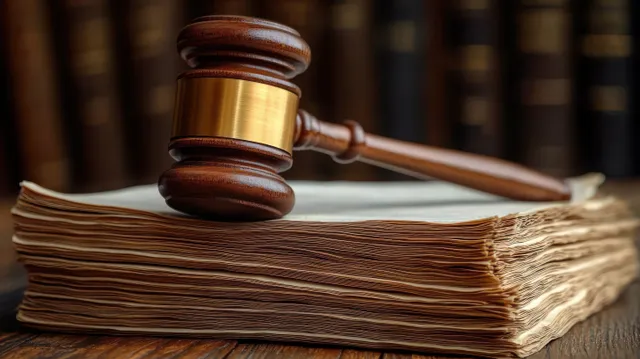 Wooden judge gavel resting on stacked legal documents in a dim law library