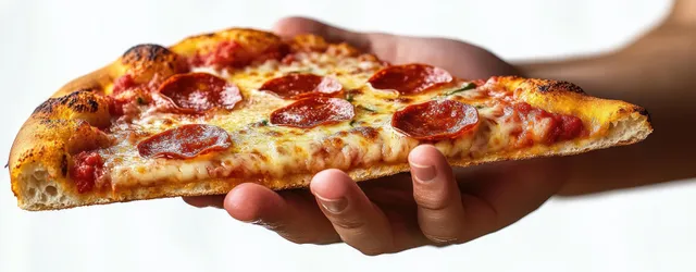 A hand holds a pepperoni pizza slice with melted cheese and tomato sauce against a white background.