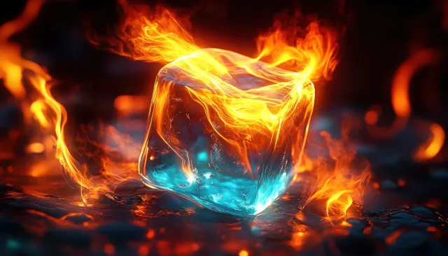 A glowing blue ice cube melts surrounded by bright orange and yellow flames on a dark background.