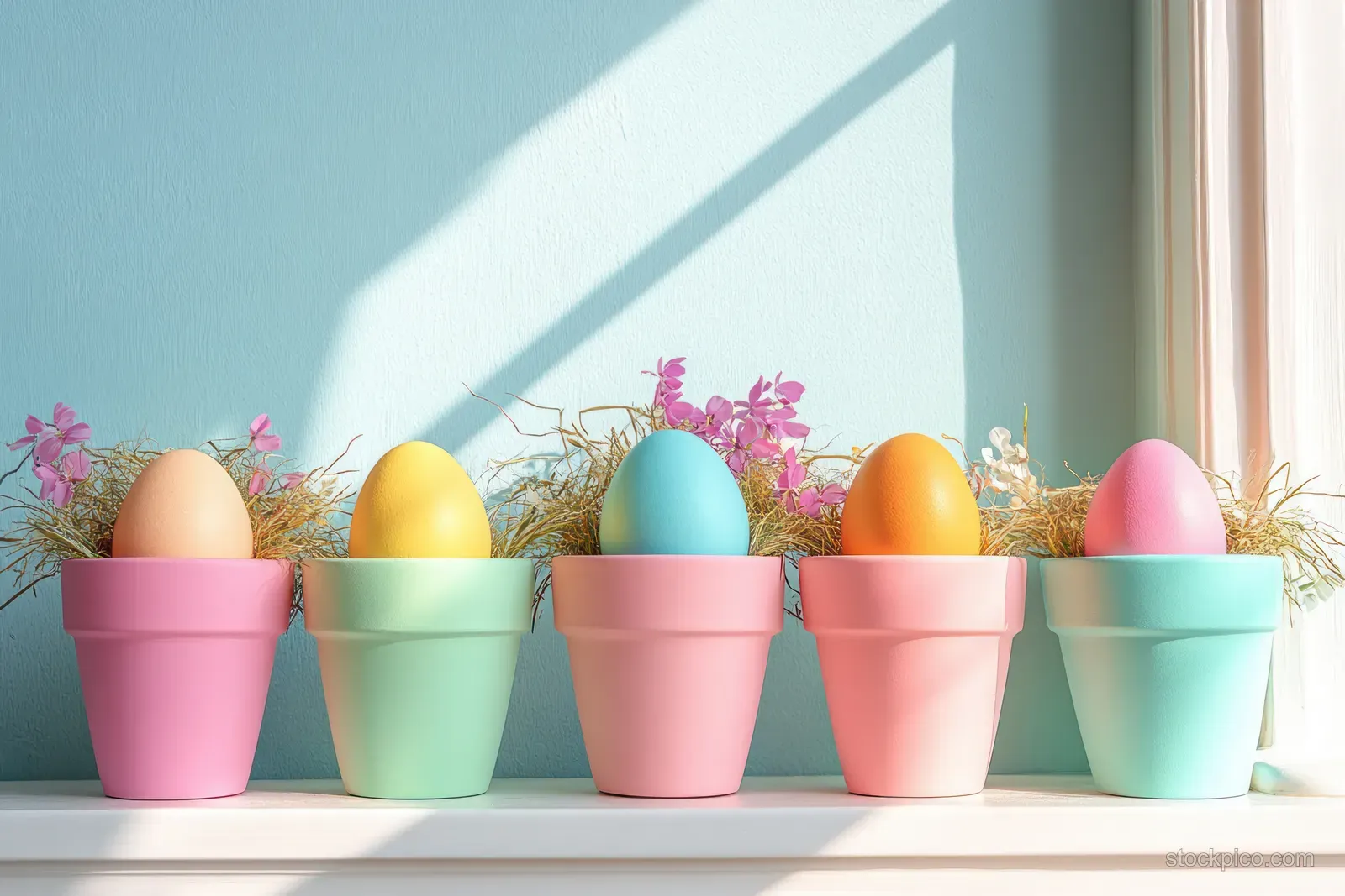 Pastel Easter eggs nestled in colorful mini flower pots on a sunlit windowsill.