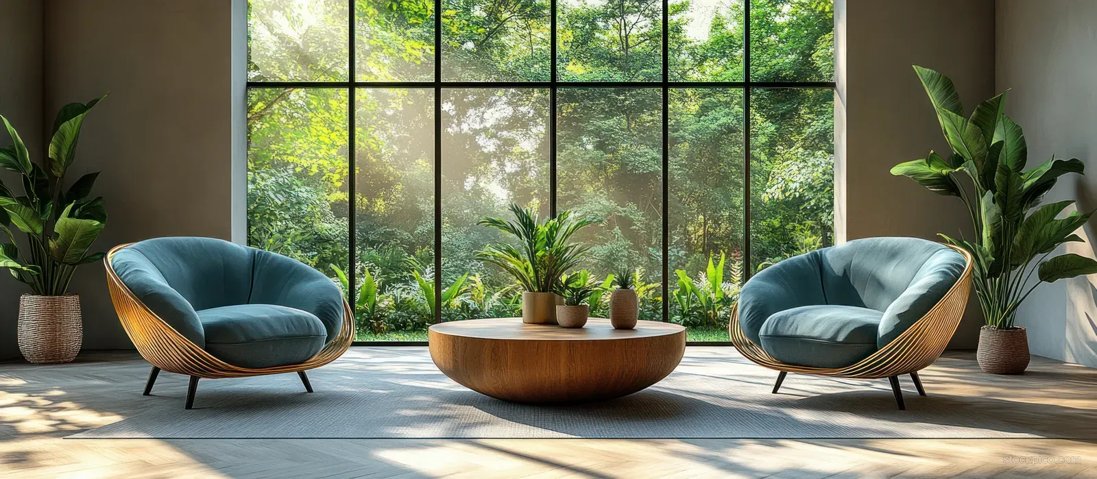 Turquoise lounge chairs with golden armrests sit in a minimalist living room beside a large window with potted plants.