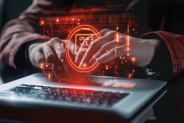 Hands typing on a laptop with an orange holographic cybersecurity shield overlay.