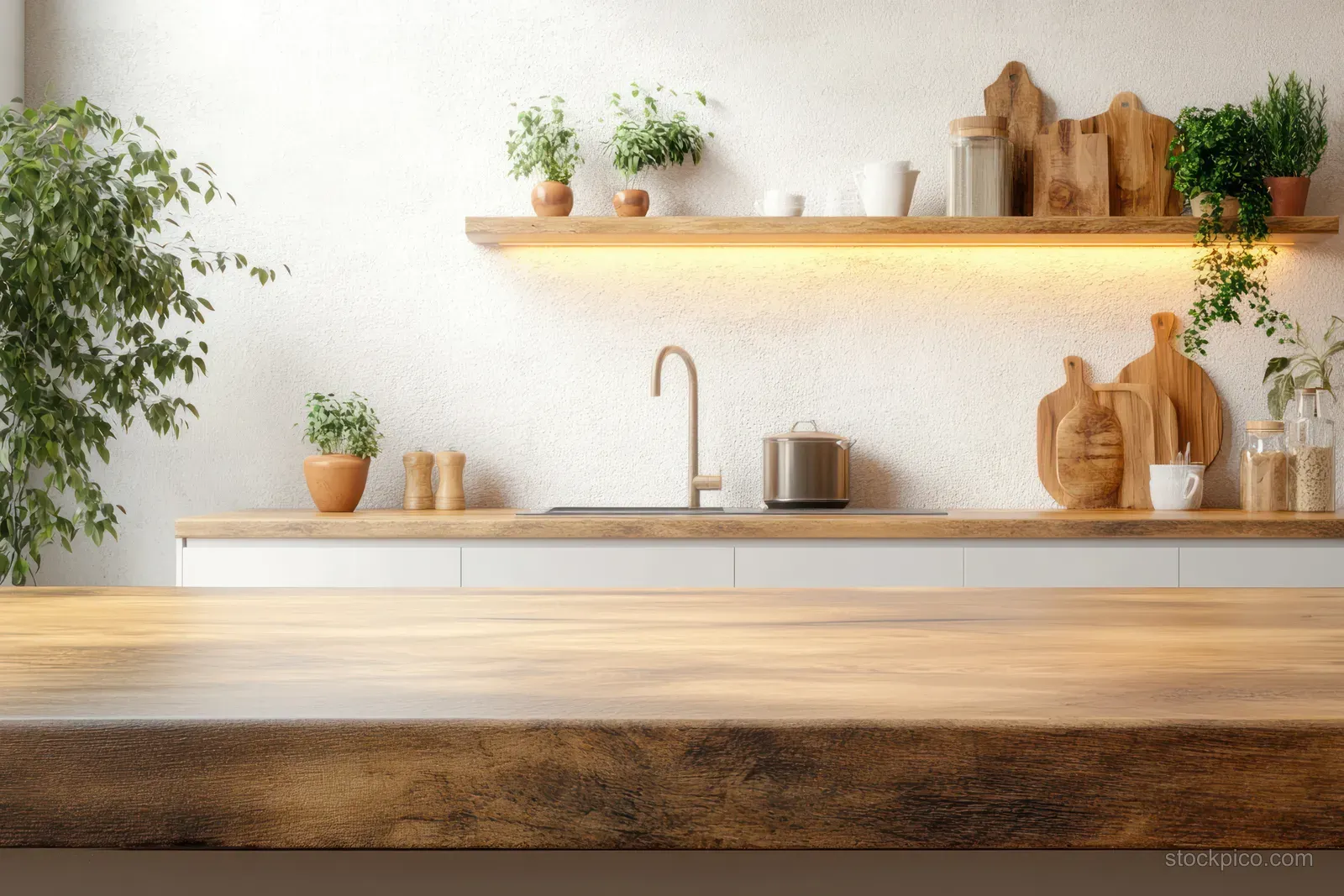 A minimalist kitchen with a wooden countertop, white cabinets, potted plants, and warm shelf lighting.