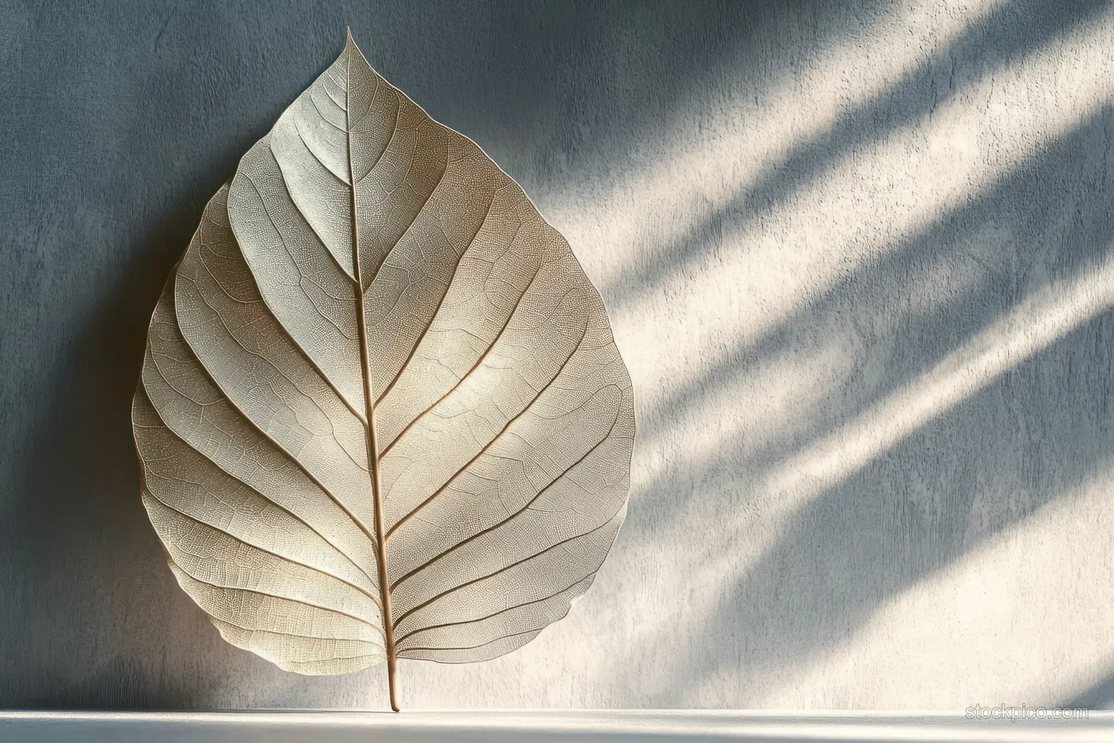 A pale leaf lies on a textured surface with sharp sunlit shadows from the right.