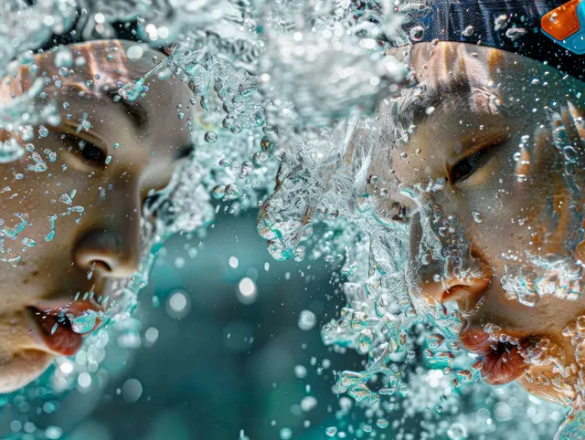 Chinese duet artistic swimmers perform synchronized breathless figures with bubbles in pool