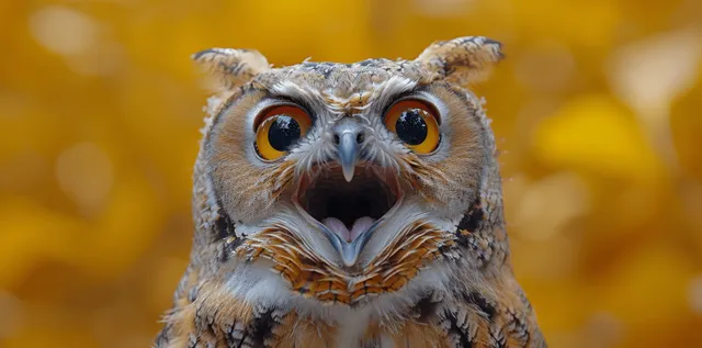 Surprised owl with open mouth, wide eyes, and fluffy feathers on yellow bokeh