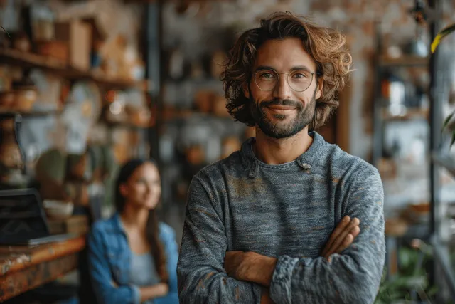 A business couple smiles while holding laptops in a modern office, with a blurred coworking team behind them.