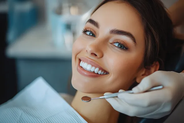 Smiling young woman during dental checkup as gloved dentist examines with mirror