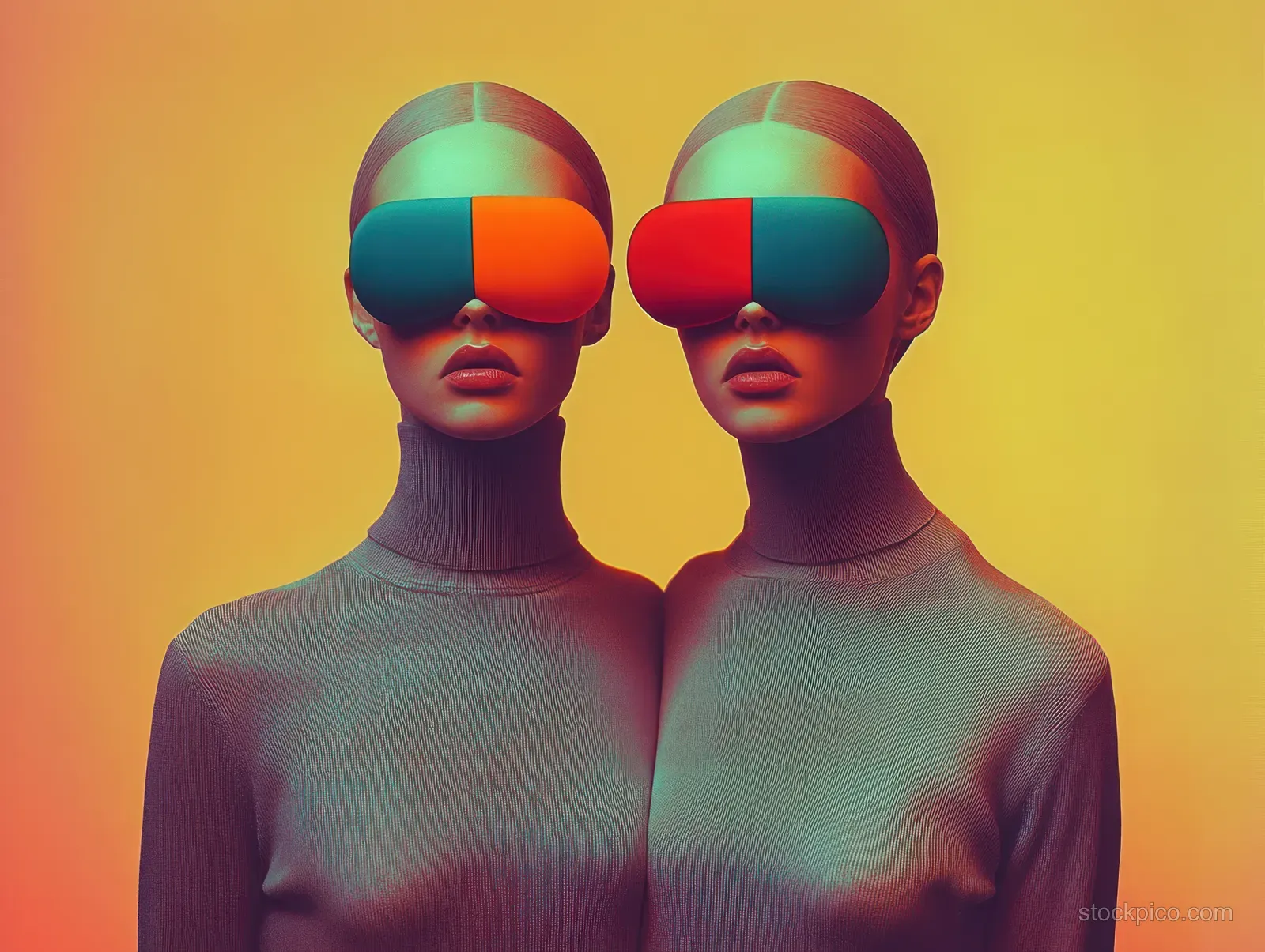 Two identical women stand shoulder-to-shoulder wearing two-toned futuristic visors and gray turtlenecks against a yellow-orange background.