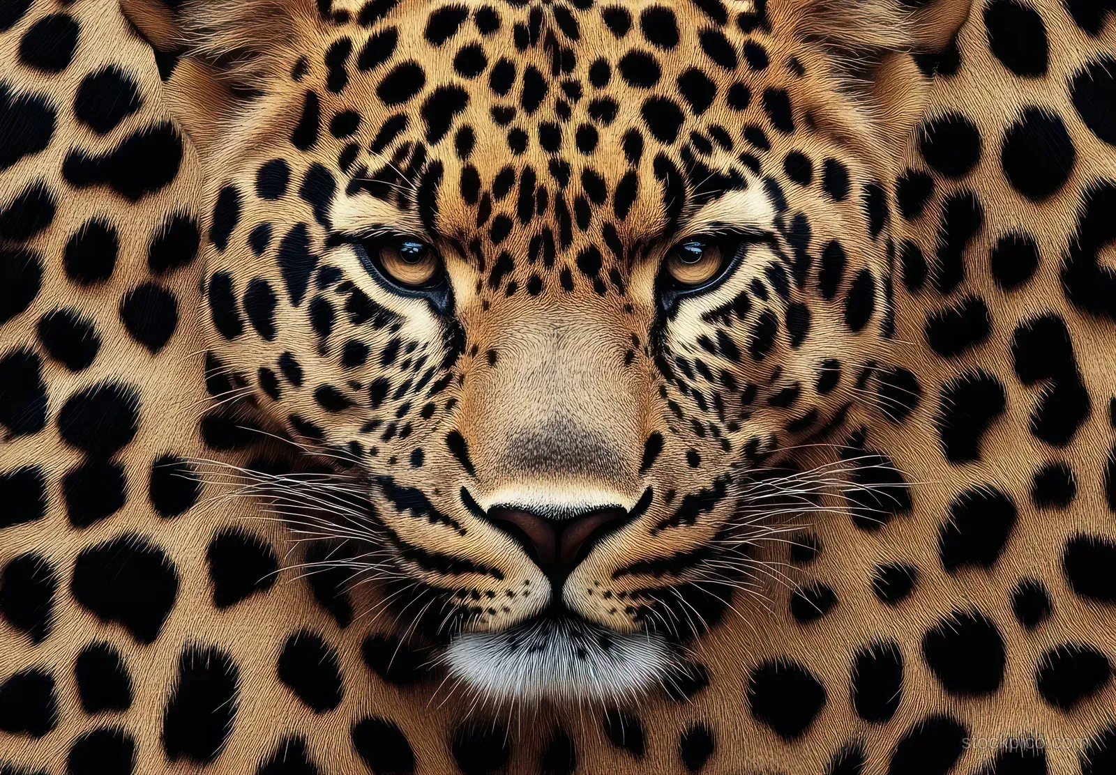 A leopard face close-up with intense amber eyes and detailed spotted fur patterns staring forward.
