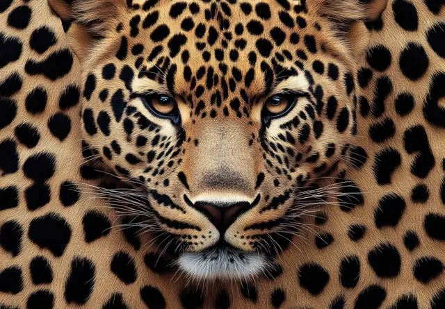 A leopard face close-up with intense amber eyes and detailed spotted fur patterns staring forward.