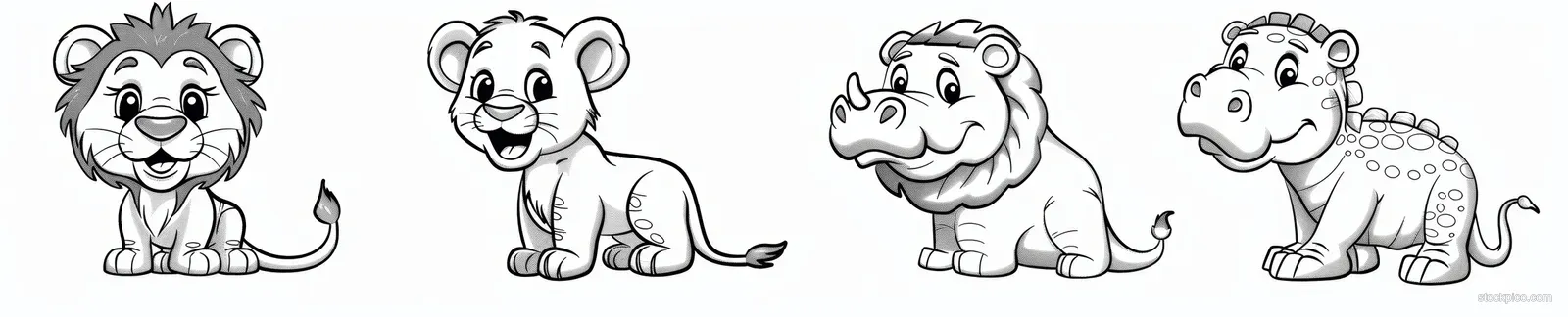 Four cute baby African animals sit side by side on a coloring page with thick black outlines.