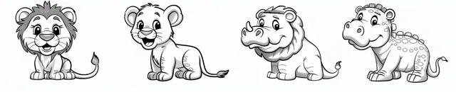 Baby African lion rhino crocodile and hippo on a kid coloring page with thick outlines