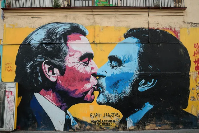 Pop art street mural of two leaders kissing with bold colors on city wall